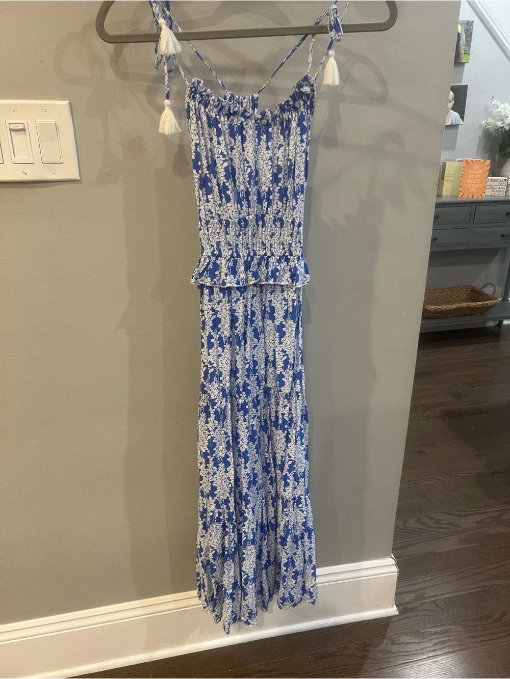 Aakaa Blue and White Floral Maxi Dress with Tassel Straps
